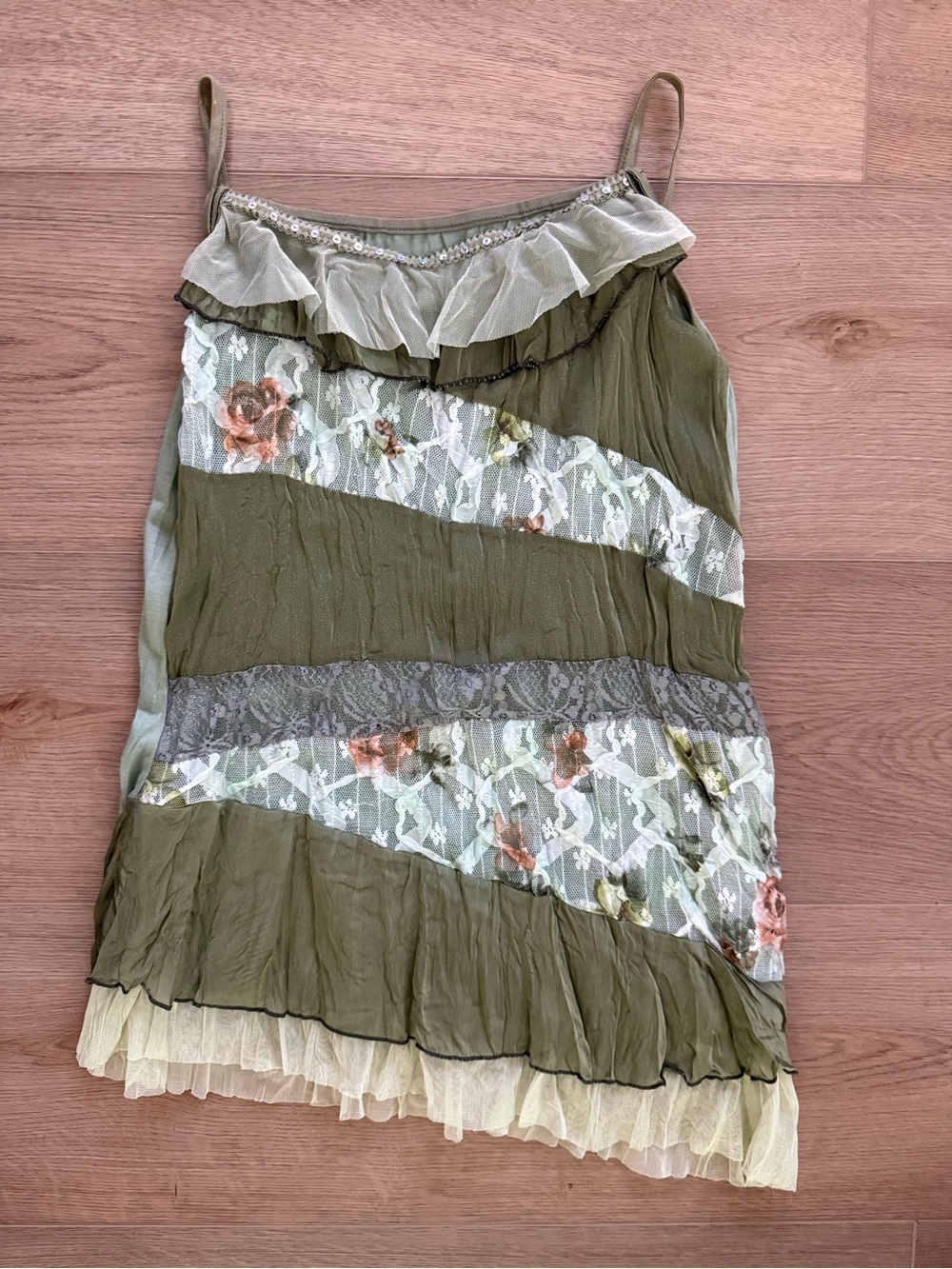 Y2K Fairy Grunge Patchwork Lace Mesh Cami Tank Olive Green Small